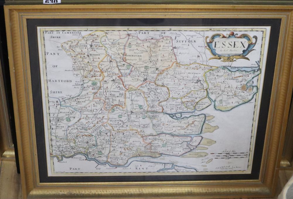 Robert Morden, two coloured engravings, Maps of Hampshire and Essex, together with a Thomas Kitchen, map of Cardigan Shire, largest